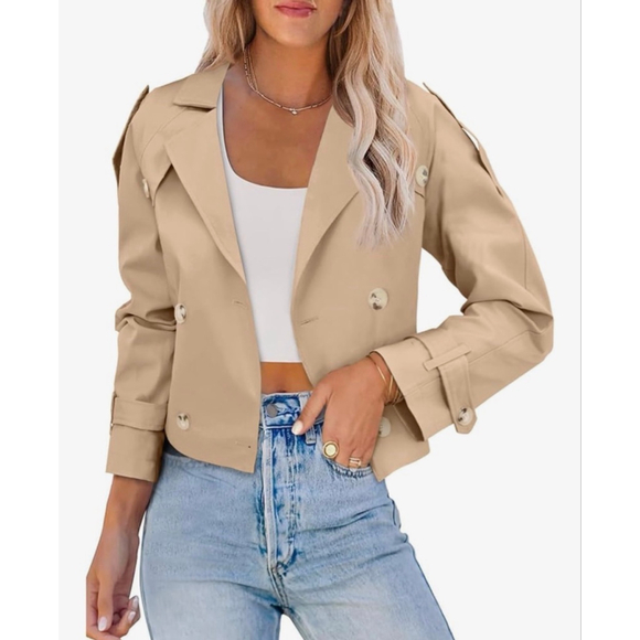 Bimily Bela Jackets & Blazers - Beige Double-Breasted Cropped Trench Coat - Women
